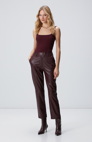  Network Kadın Bordo Kesik Detaylı Duni Deri Pantolon