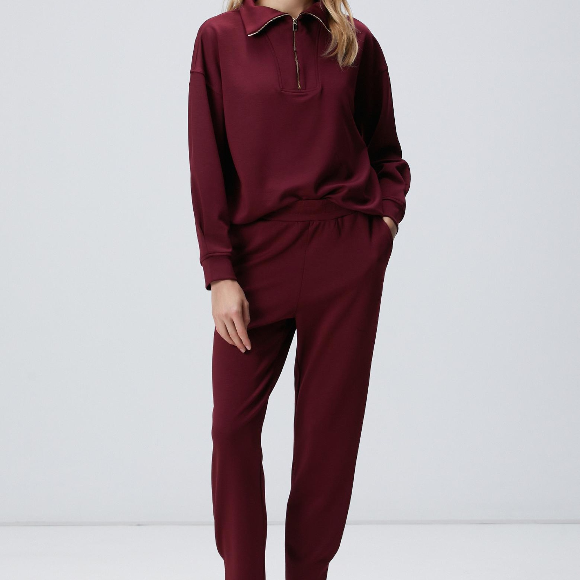 Network Kadın Bordo Dik Yaka Fermuarlı Sweatshirt