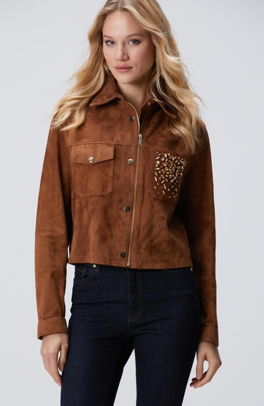  Network Kadın Tarçın Taş Detaylı Süet Deri Mont