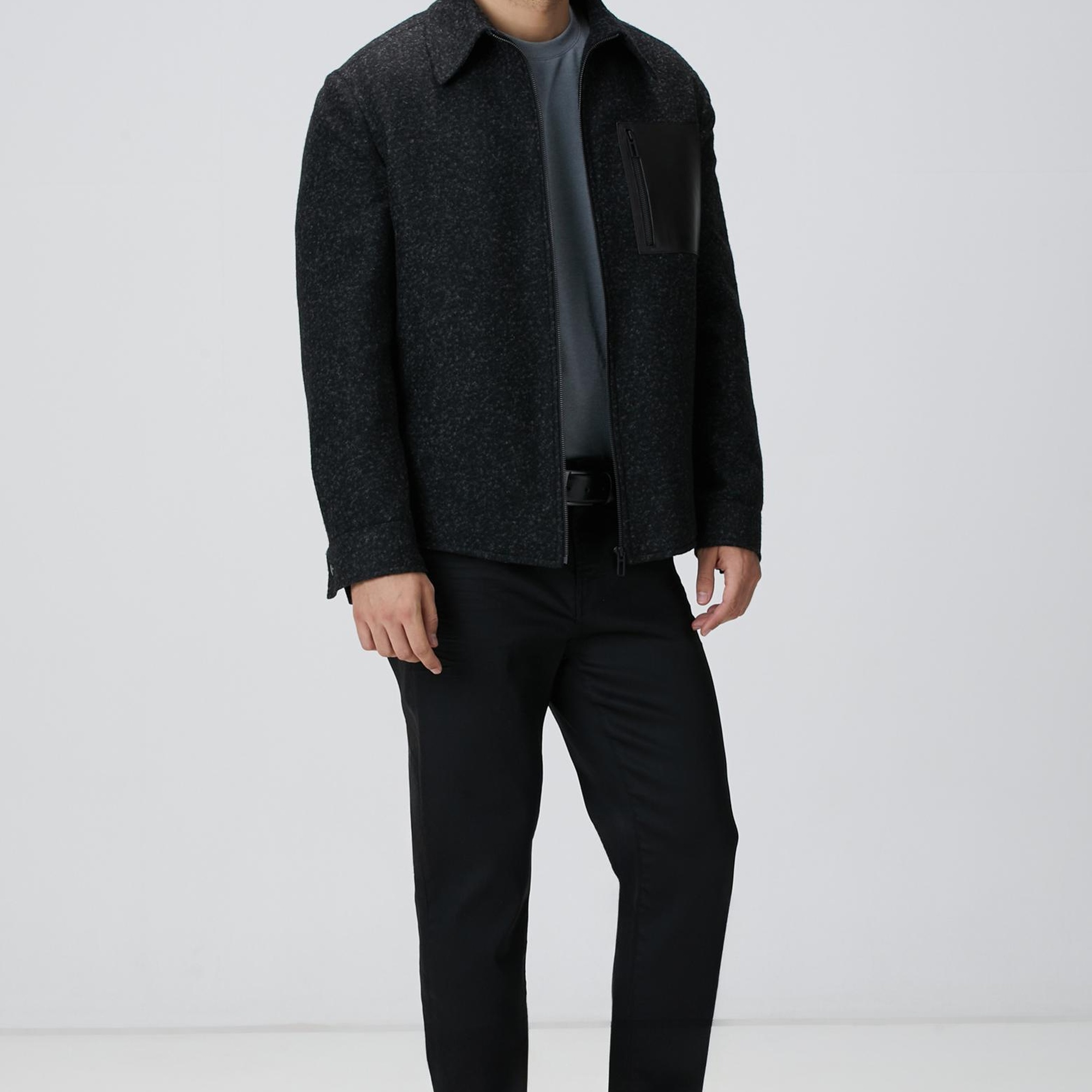 Network Erkek Siyah Yün Karışımlı Deri Cep Detaylı Mont