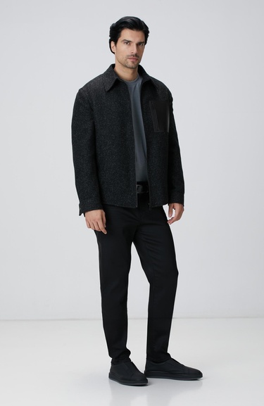  Network Erkek Siyah Yün Karışımlı Deri Cep Detaylı Mont