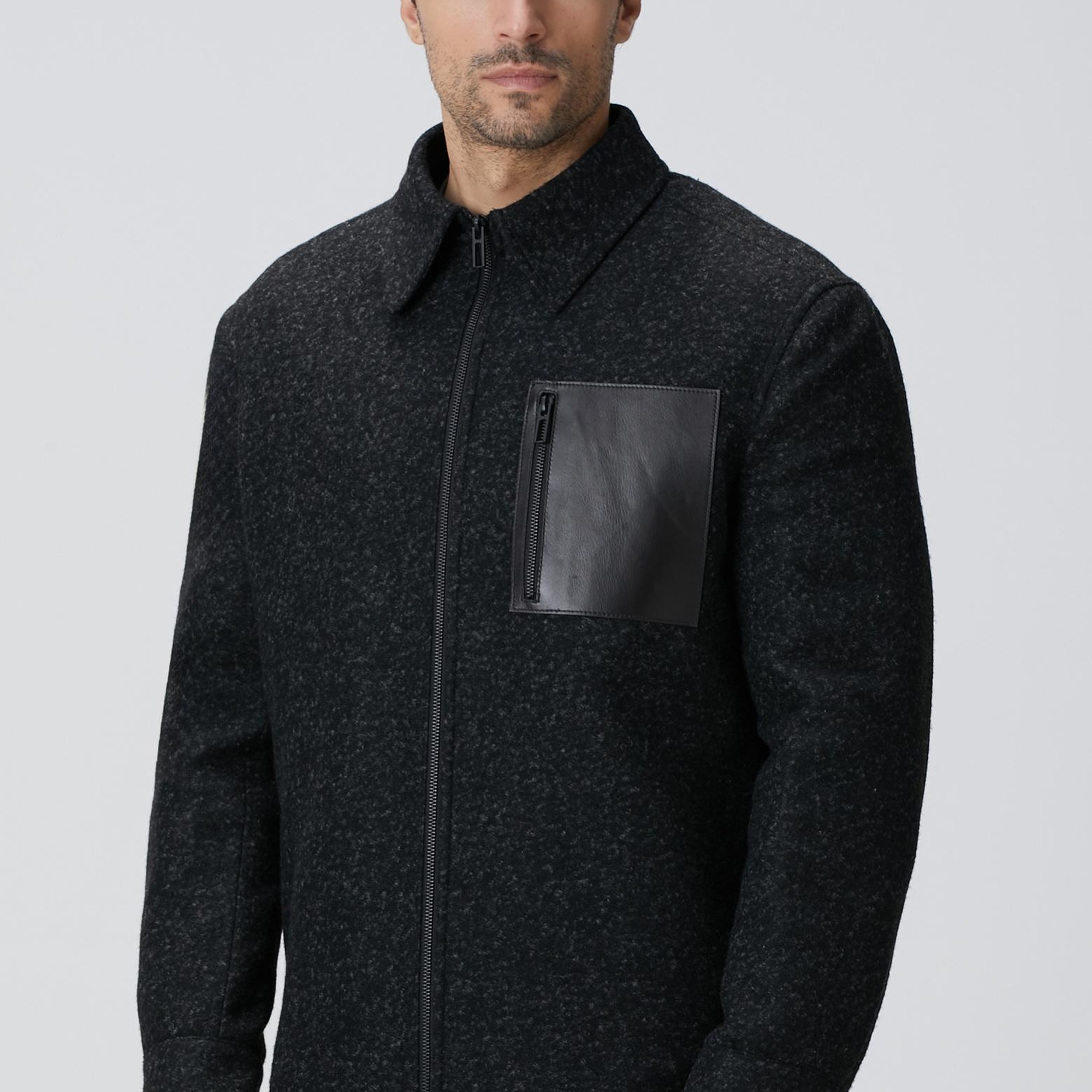 Network Erkek Siyah Yün Karışımlı Deri Cep Detaylı Mont