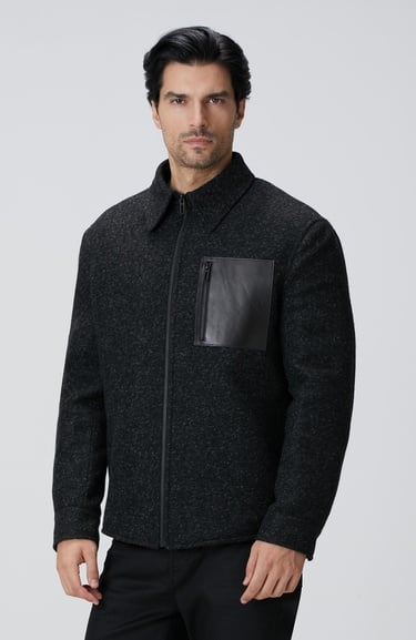  Network Erkek Siyah Yün Karışımlı Deri Cep Detaylı Mont