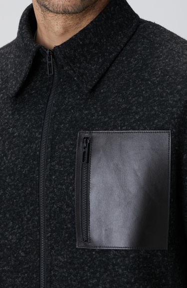  Network Erkek Siyah Yün Karışımlı Deri Cep Detaylı Mont