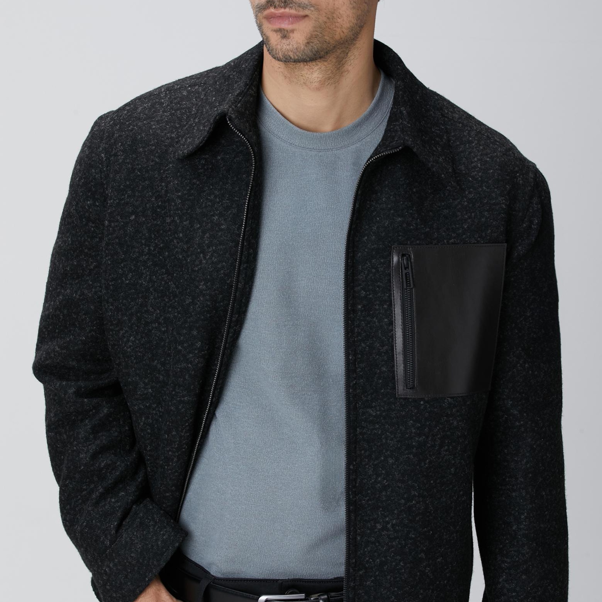 Network Erkek Siyah Yün Karışımlı Deri Cep Detaylı Mont