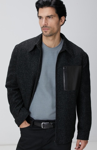  Network Erkek Siyah Yün Karışımlı Deri Cep Detaylı Mont