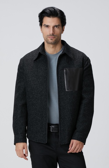  Network Erkek Siyah Yün Karışımlı Deri Cep Detaylı Mont