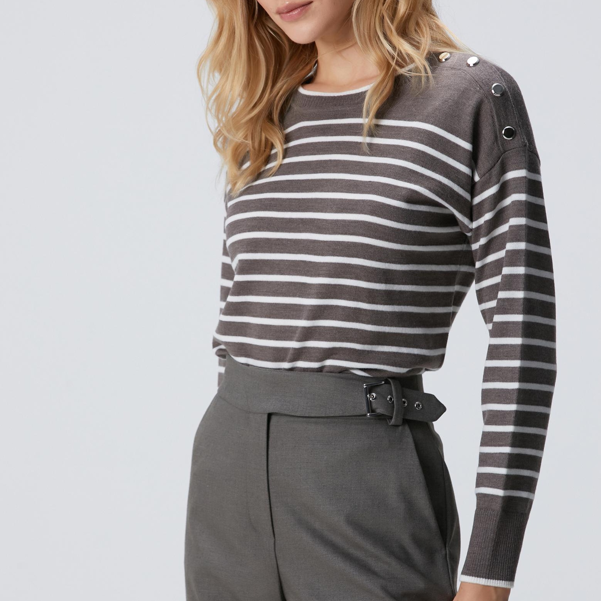 Network Kadın Vizon Kırık Beyaz Çizgili Yün Kazak