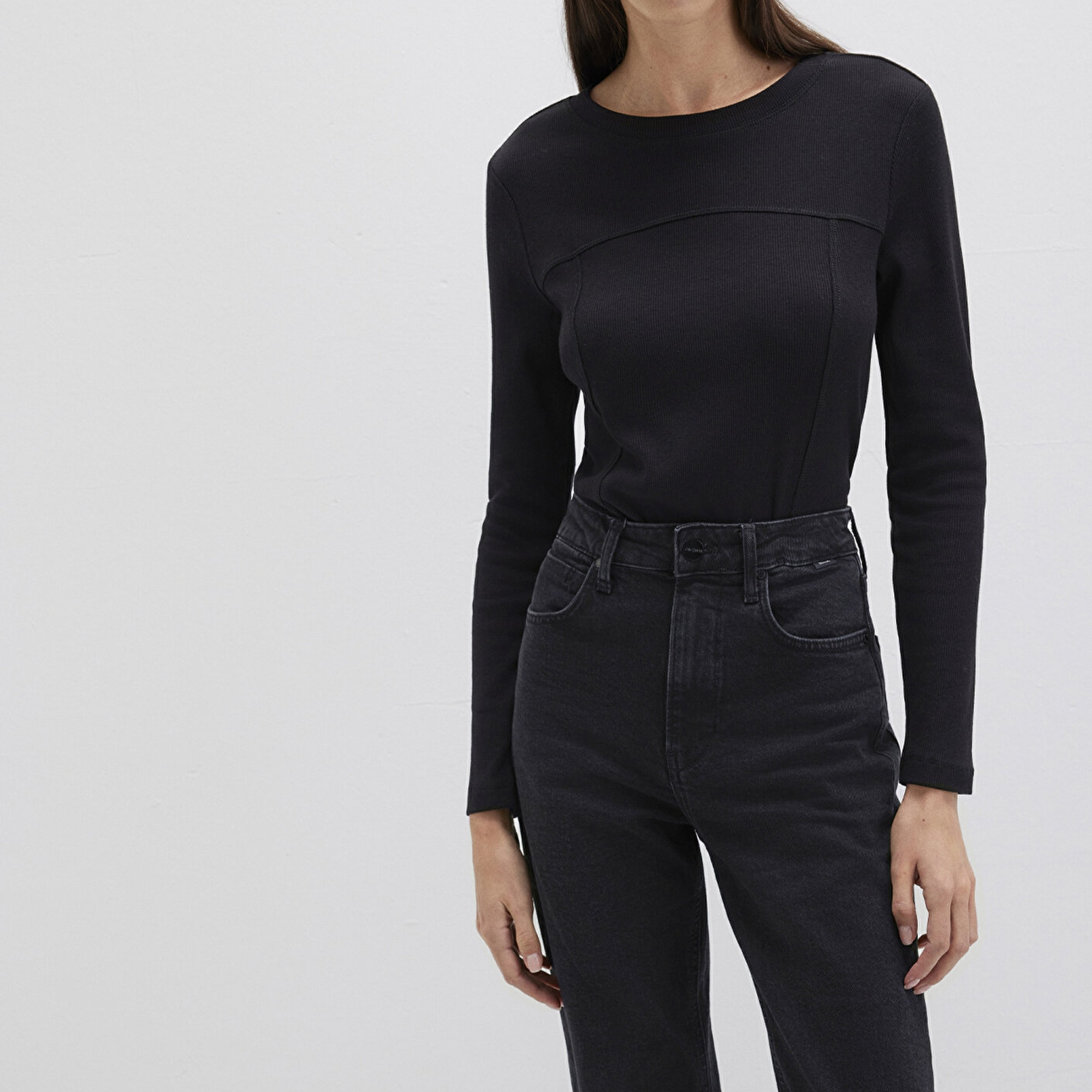 Mavi Siyah Uzun Kollu Tişört Fitted / Vücuda Oturan Kesim 1613625-900