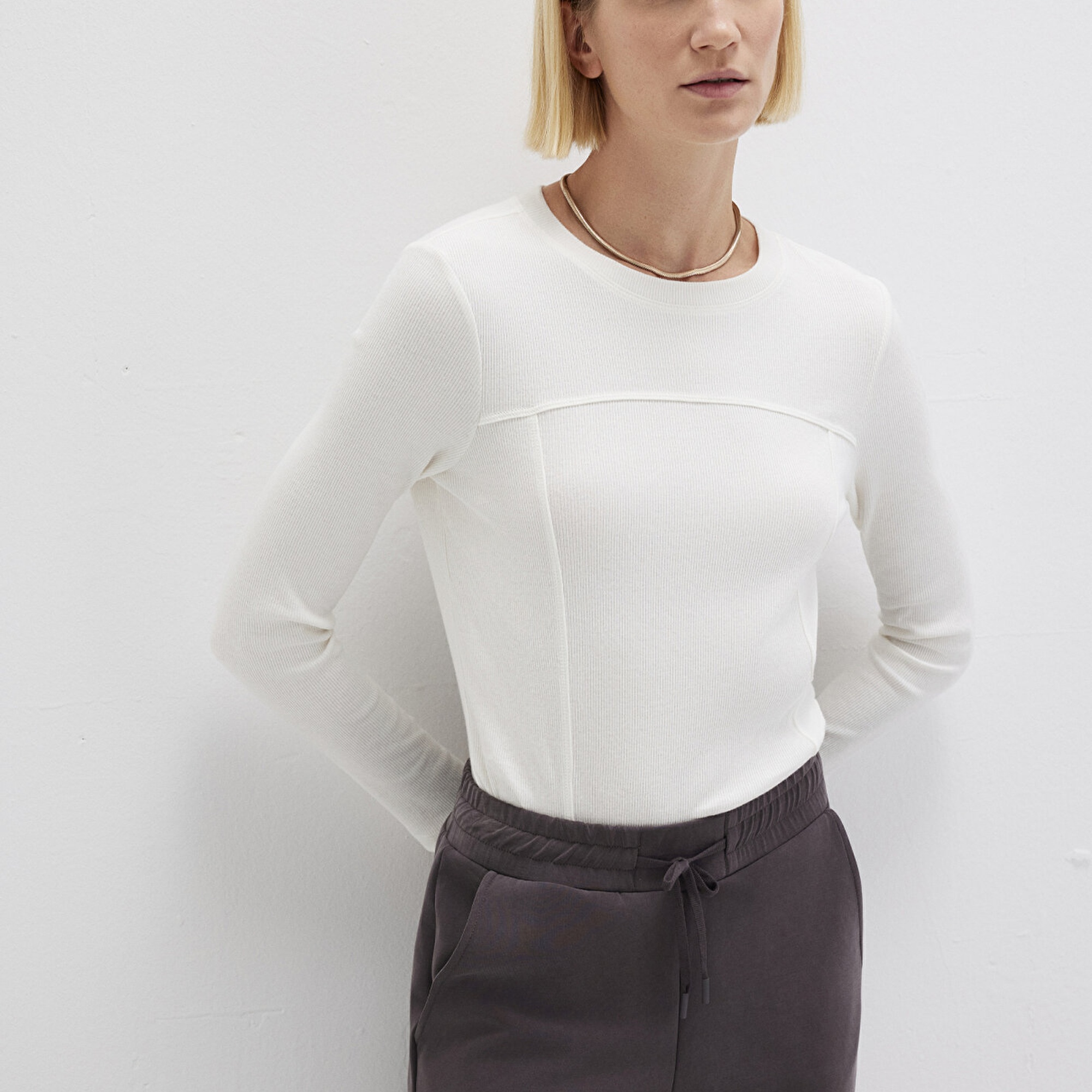 Mavi Ekru Uzun Kollu Tişört Fitted / Vücuda Oturan Kesim 1613625-80194