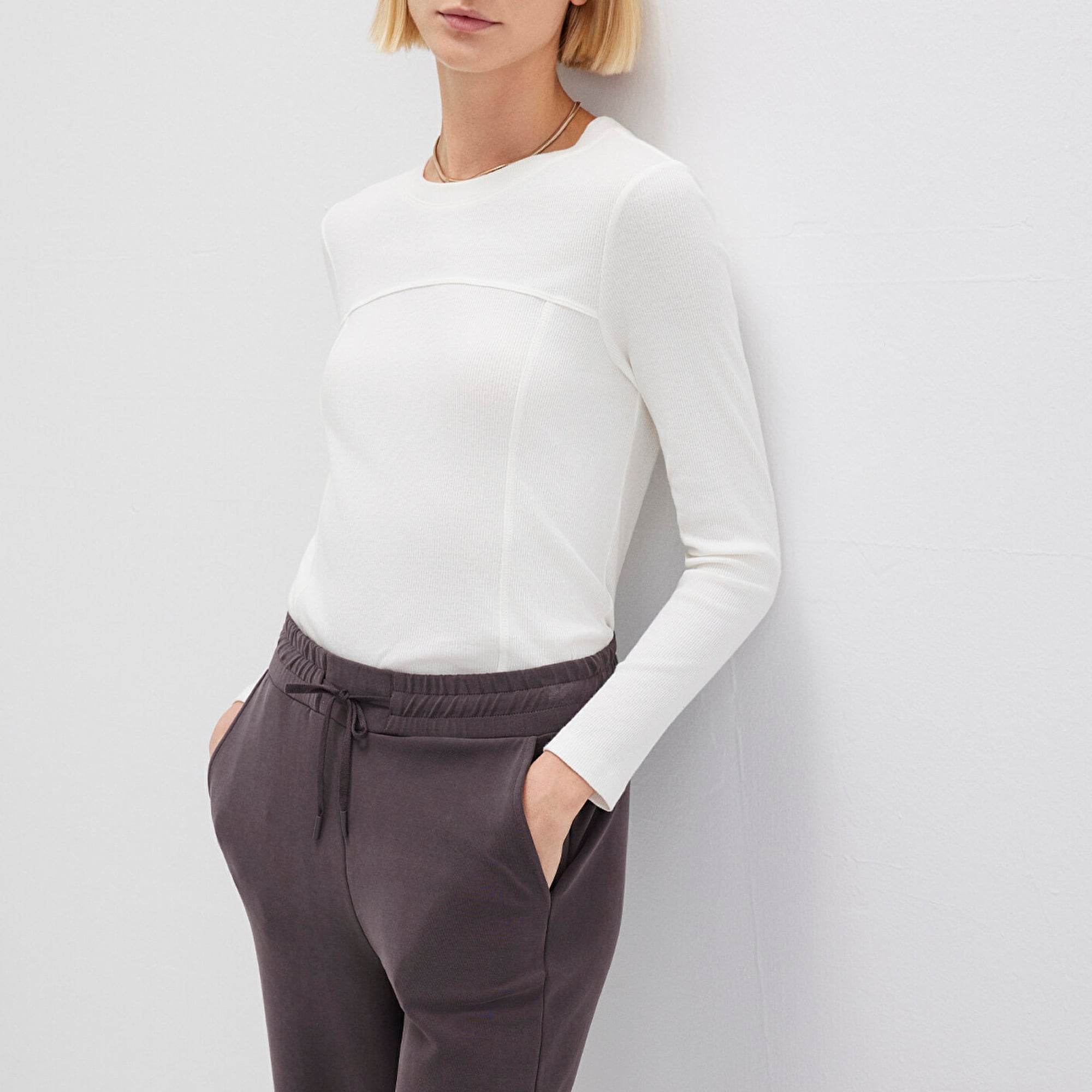 Mavi Ekru Uzun Kollu Tişört Fitted / Vücuda Oturan Kesim 1613625-80194