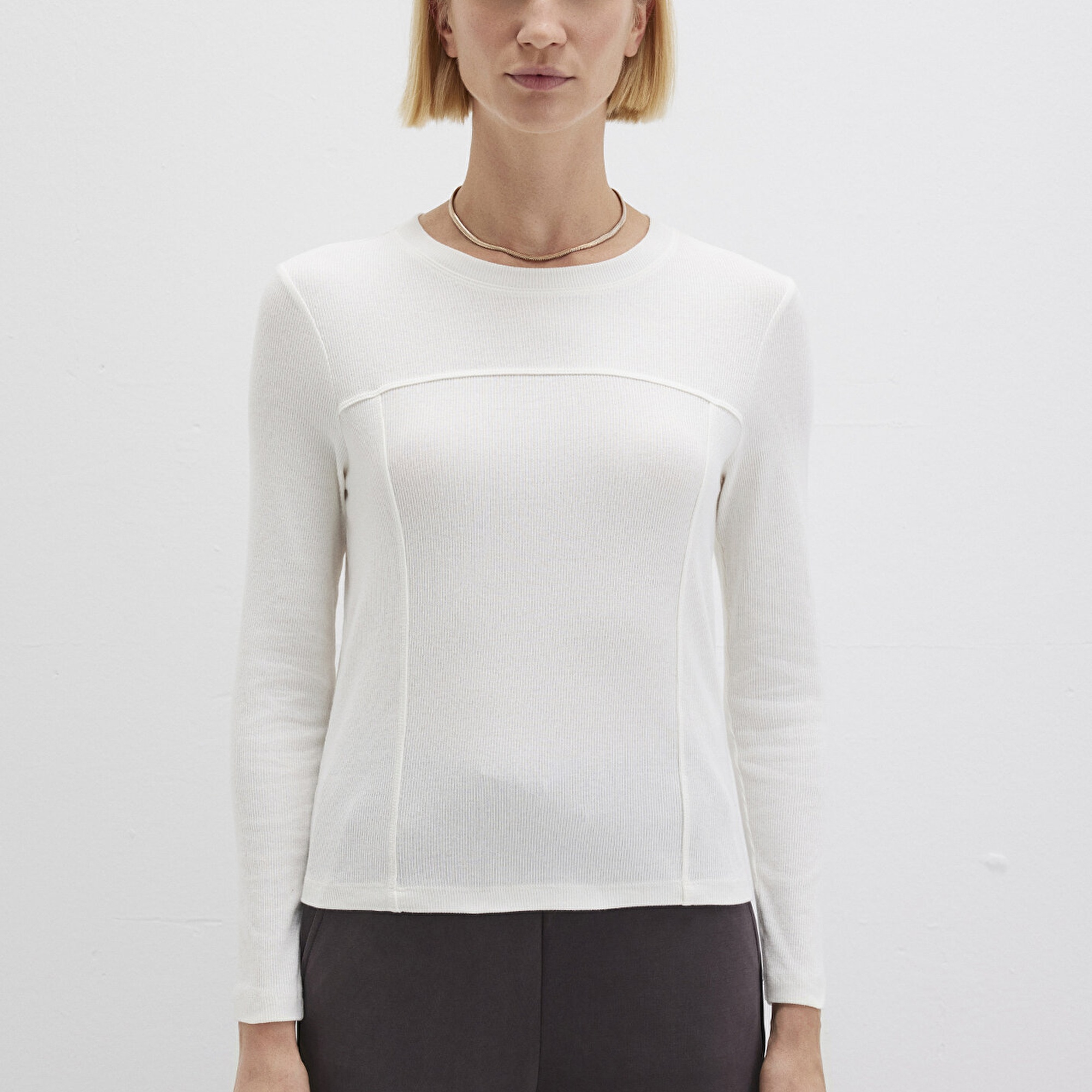 Mavi Ekru Uzun Kollu Tişört Fitted / Vücuda Oturan Kesim 1613625-80194