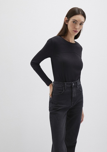  Mavi Siyah Uzun Kollu Tişört Fitted / Vücuda Oturan Kesim 1613625-900