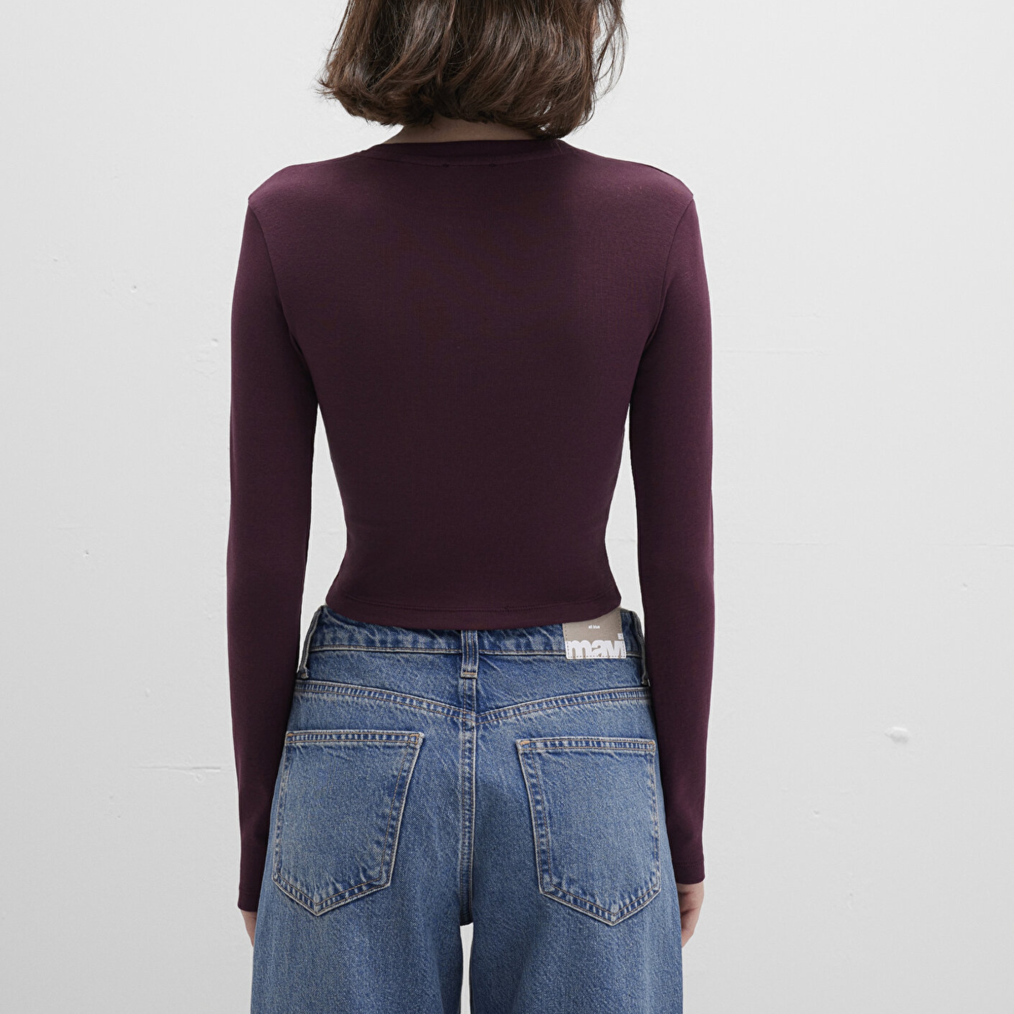 Mavi Uzun Kollu Bordo Crop Basic Tişört Crop / Kısa Kesim 1612822-70434