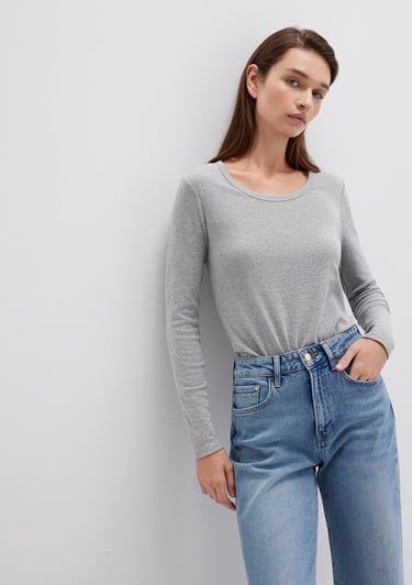  Mavi Uzun Kollu Gri Basic Tişört Fitted / Vücuda Oturan Kesim 1613323-83096