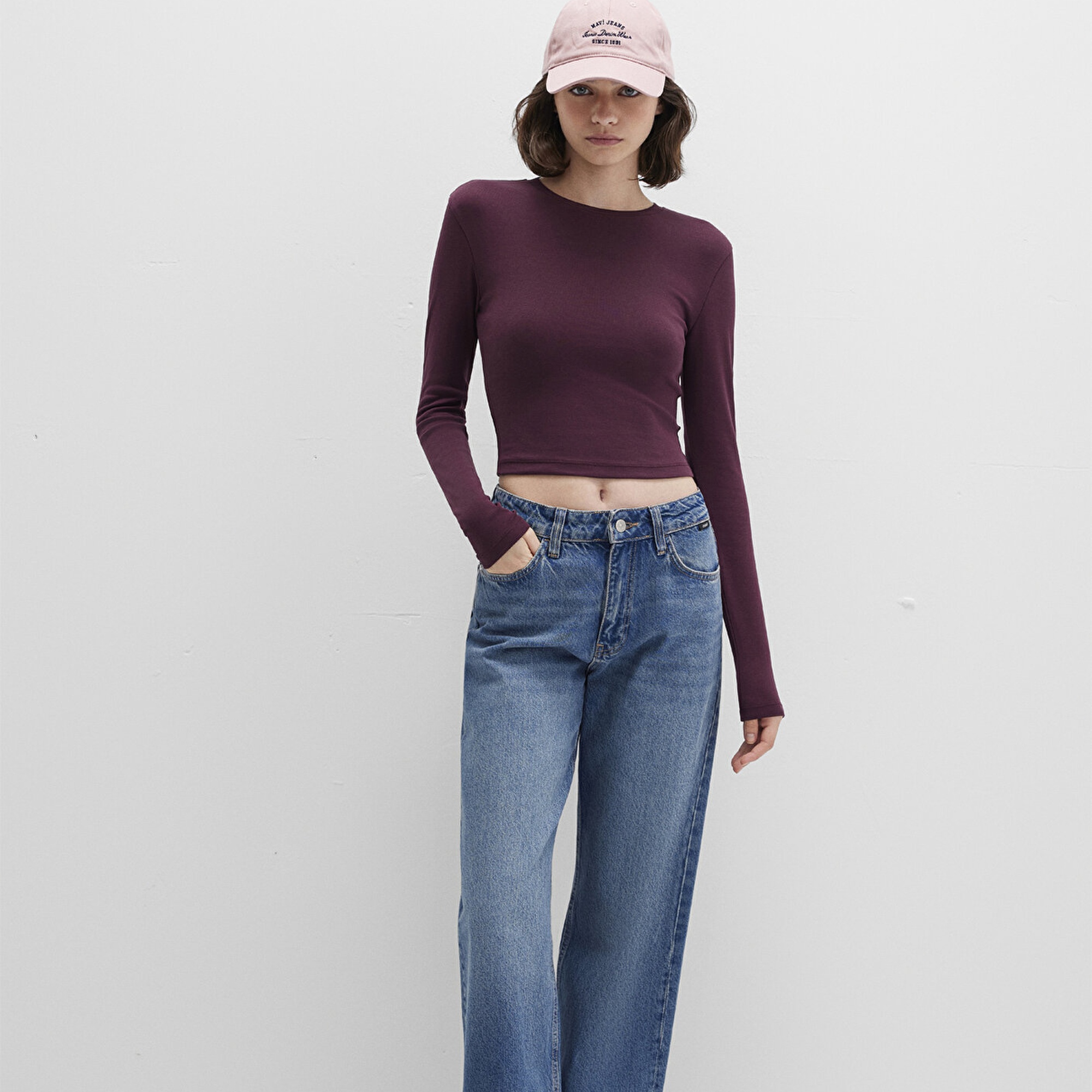 Mavi Uzun Kollu Bordo Crop Basic Tişört Crop / Kısa Kesim 1612822-70434