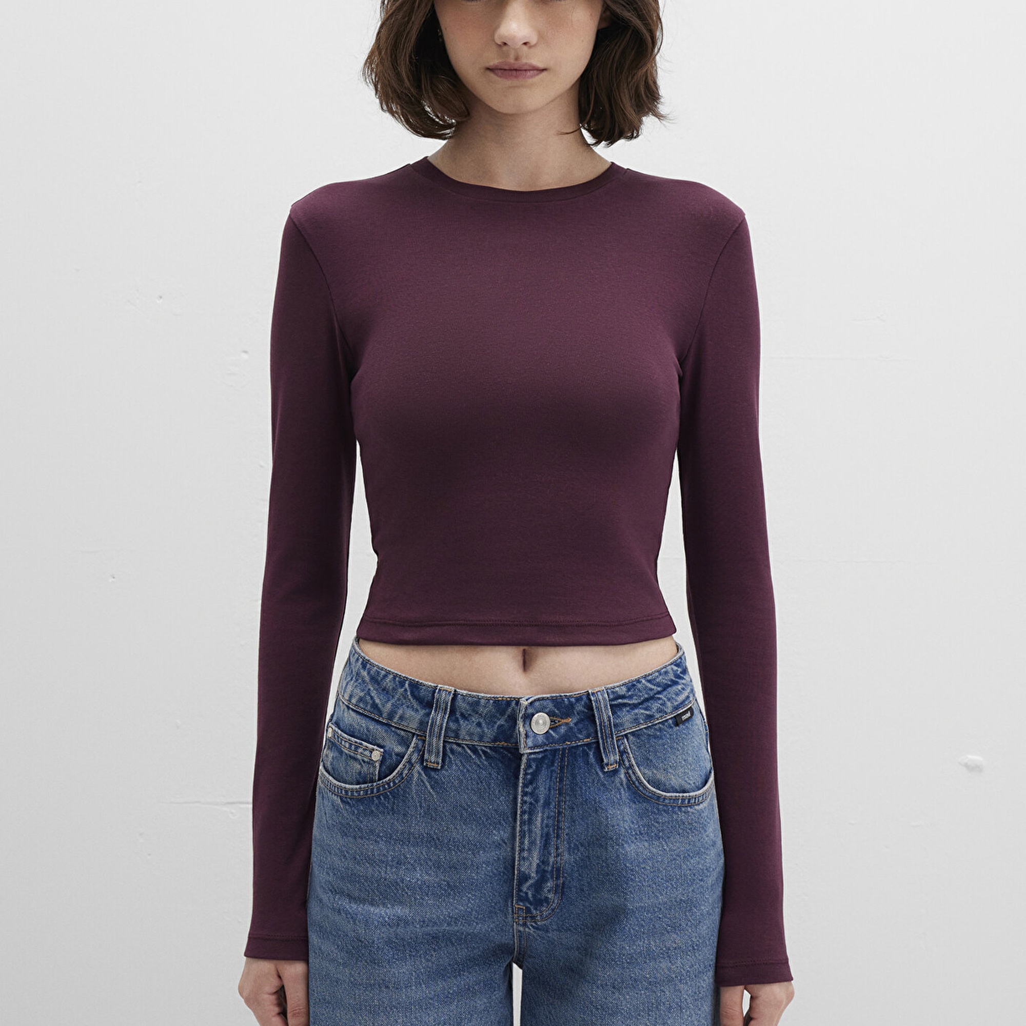 Mavi Uzun Kollu Bordo Crop Basic Tişört Crop / Kısa Kesim 1612822-70434