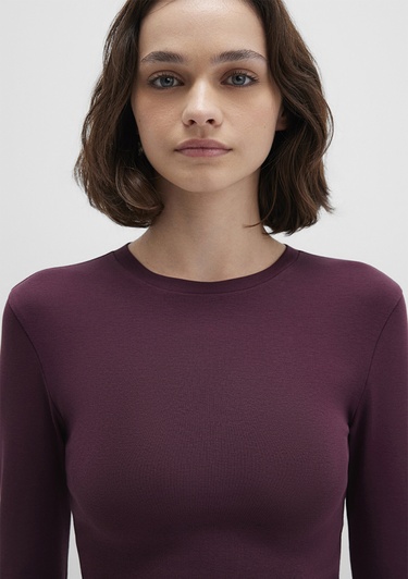  Mavi Uzun Kollu Bordo Crop Basic Tişört Crop / Kısa Kesim 1612822-70434