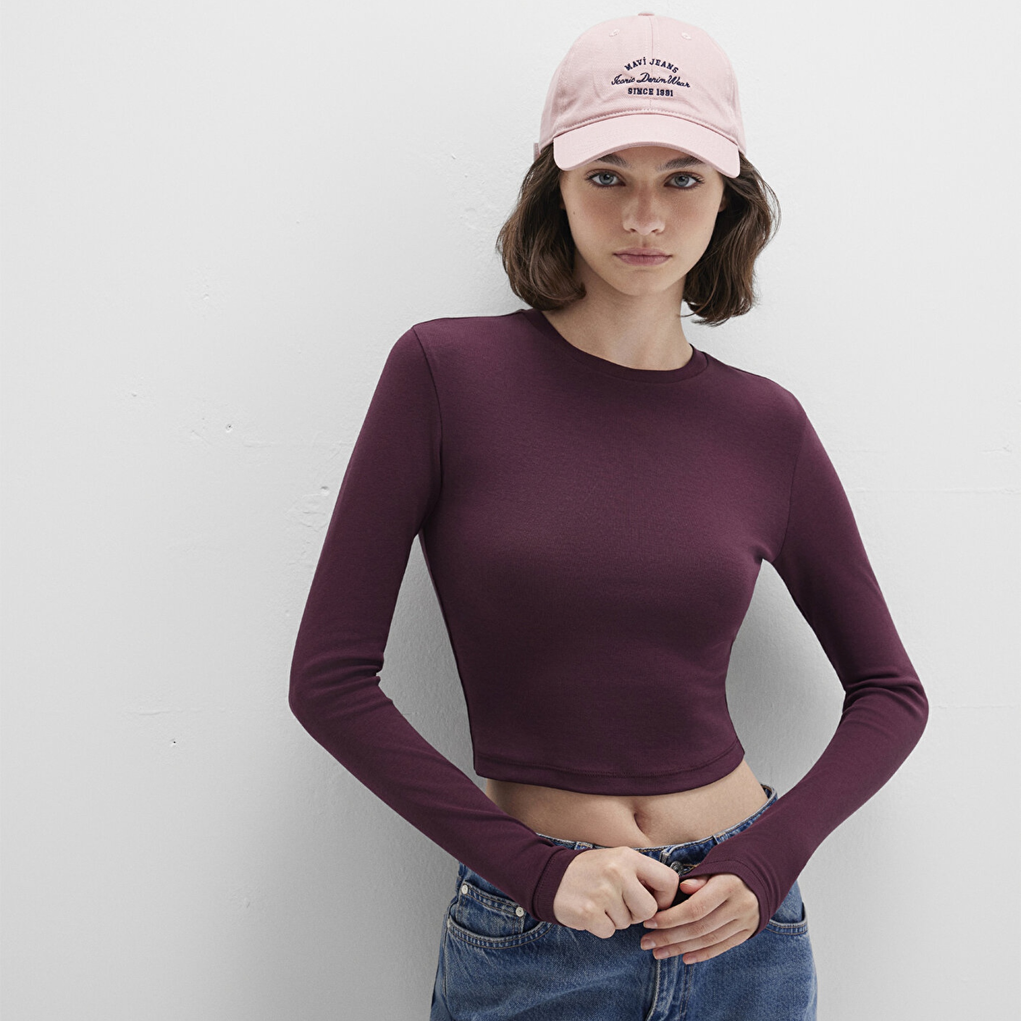 Mavi Uzun Kollu Bordo Crop Basic Tişört Crop / Kısa Kesim 1612822-70434