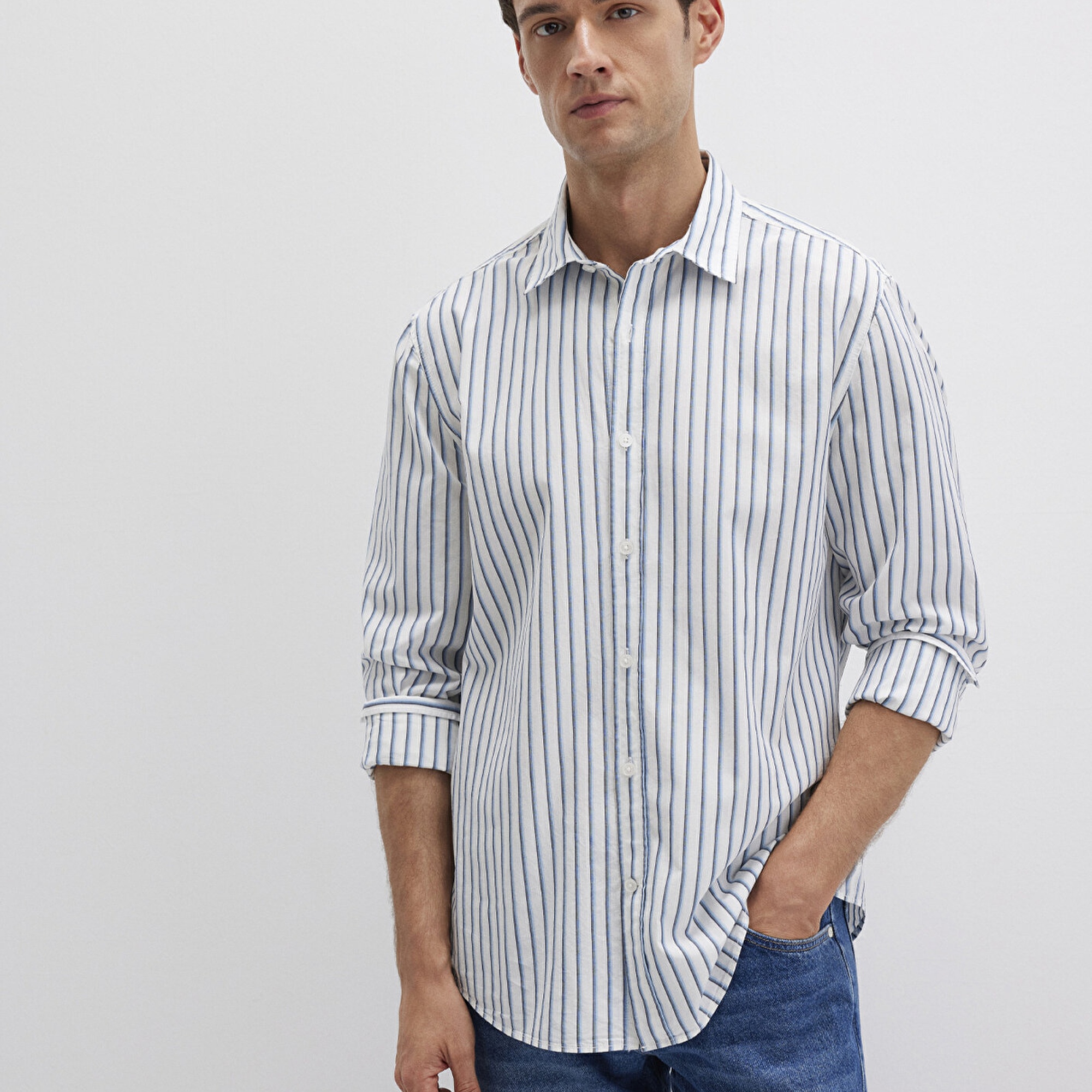 Mavi Çizgili Lacivert Gömlek Regular Fit / Normal Kesim 0211705-90928