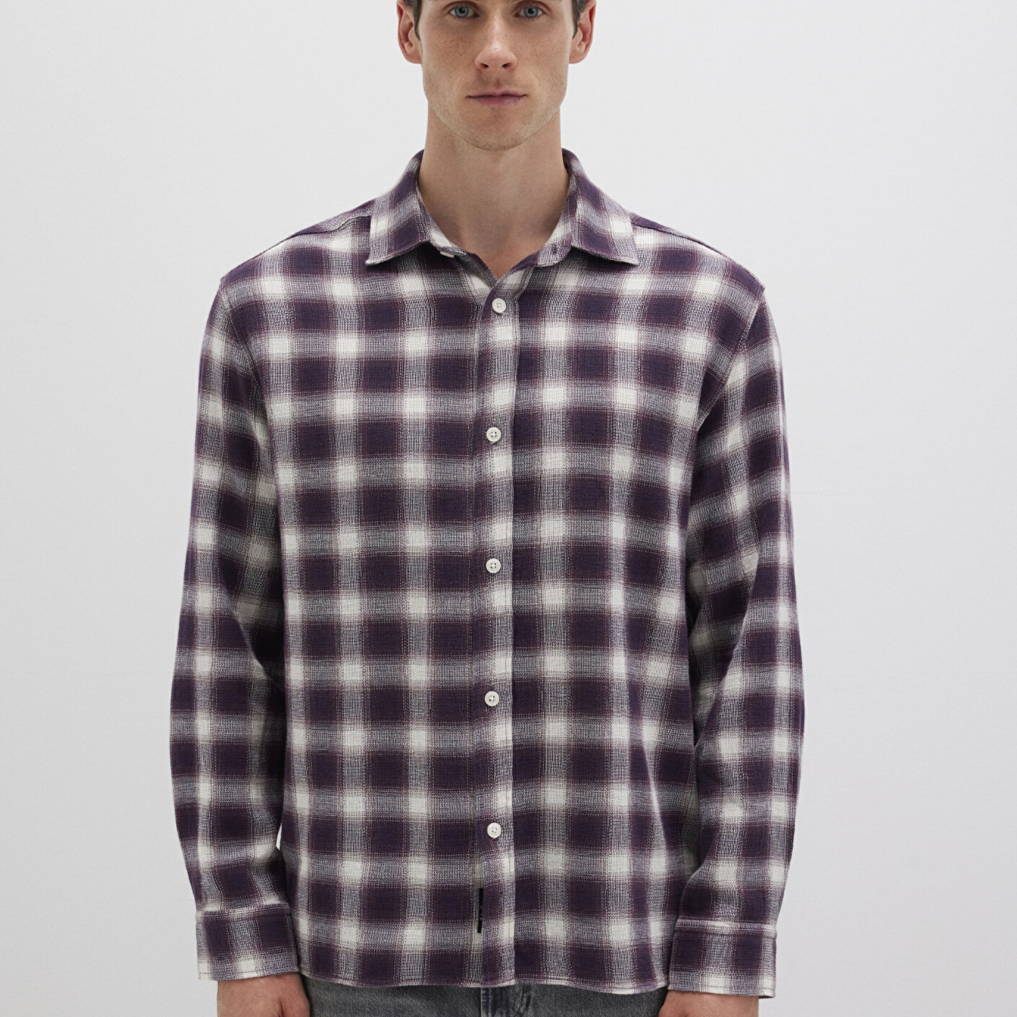 Mavi Kareli Mor Gömlek Loose Fit / Bol Rahat Kesim 0211646-90857