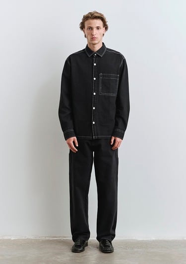  Mavi Dikiş Detaylı Siyah Gömlek Loose Fit / Bol Rahat Kesim 0211688-90850