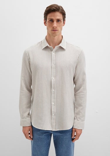  Mavi Çizgili Bej Gömlek Slim Fit / Dar Kesim 0211692-90940