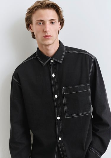  Mavi Dikiş Detaylı Siyah Gömlek Loose Fit / Bol Rahat Kesim 0211688-90850