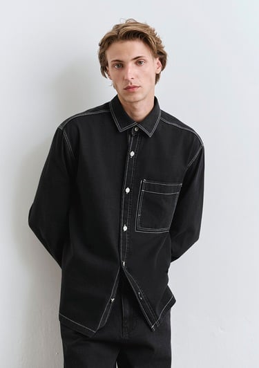  Mavi Dikiş Detaylı Siyah Gömlek Loose Fit / Bol Rahat Kesim 0211688-90850