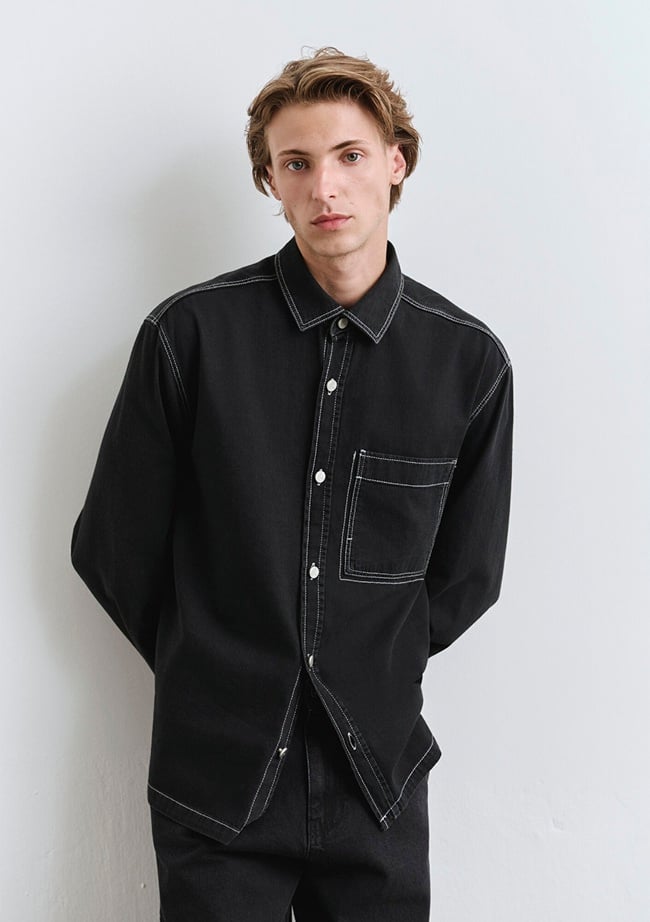  Mavi Dikiş Detaylı Siyah Gömlek Loose Fit / Bol Rahat Kesim 0211688-90850