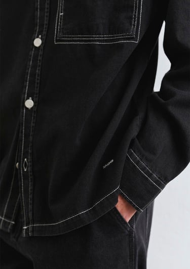  Mavi Dikiş Detaylı Siyah Gömlek Loose Fit / Bol Rahat Kesim 0211688-90850