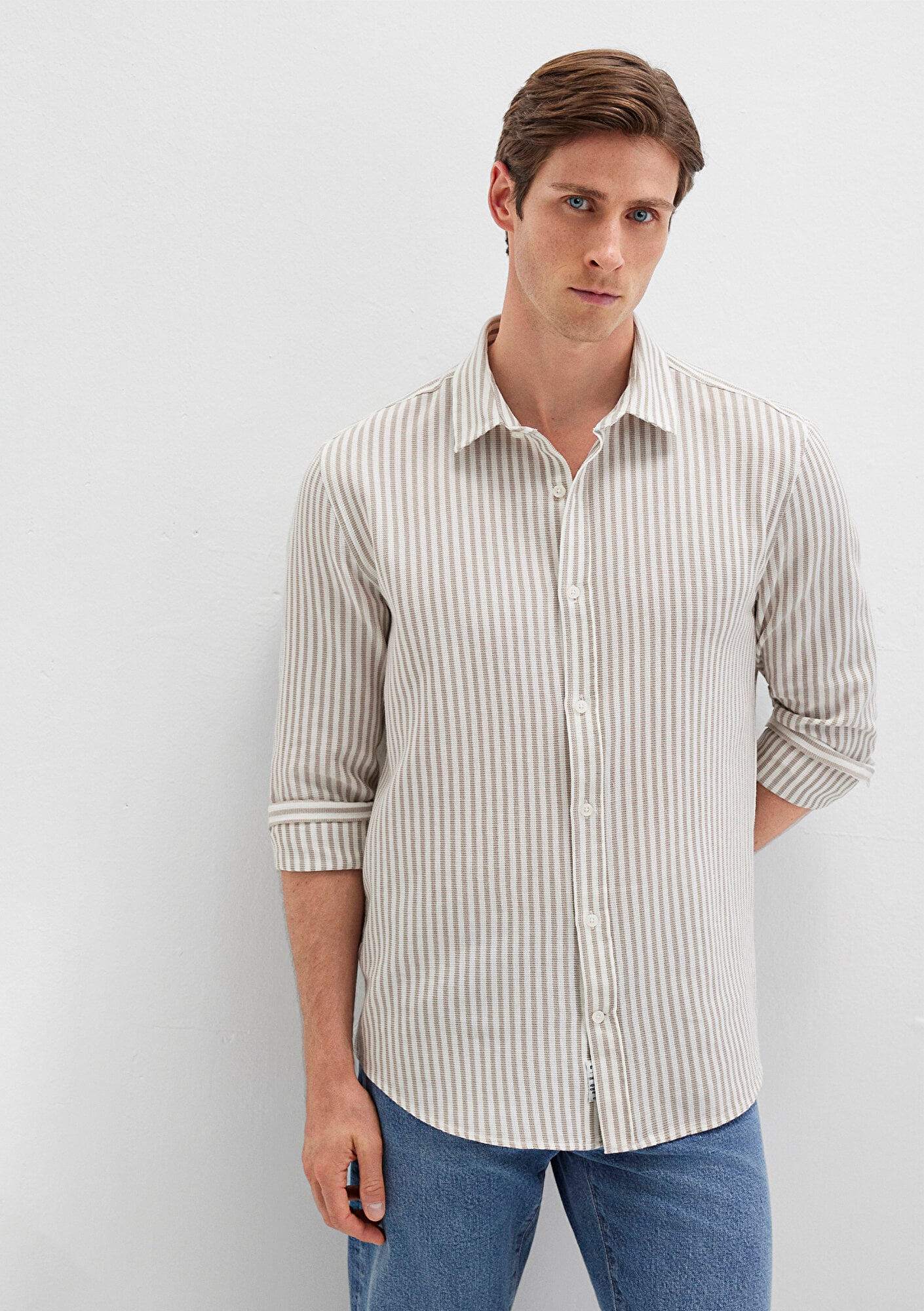  Mavi Çizgili Bej Gömlek Slim Fit / Dar Kesim 0211692-90940