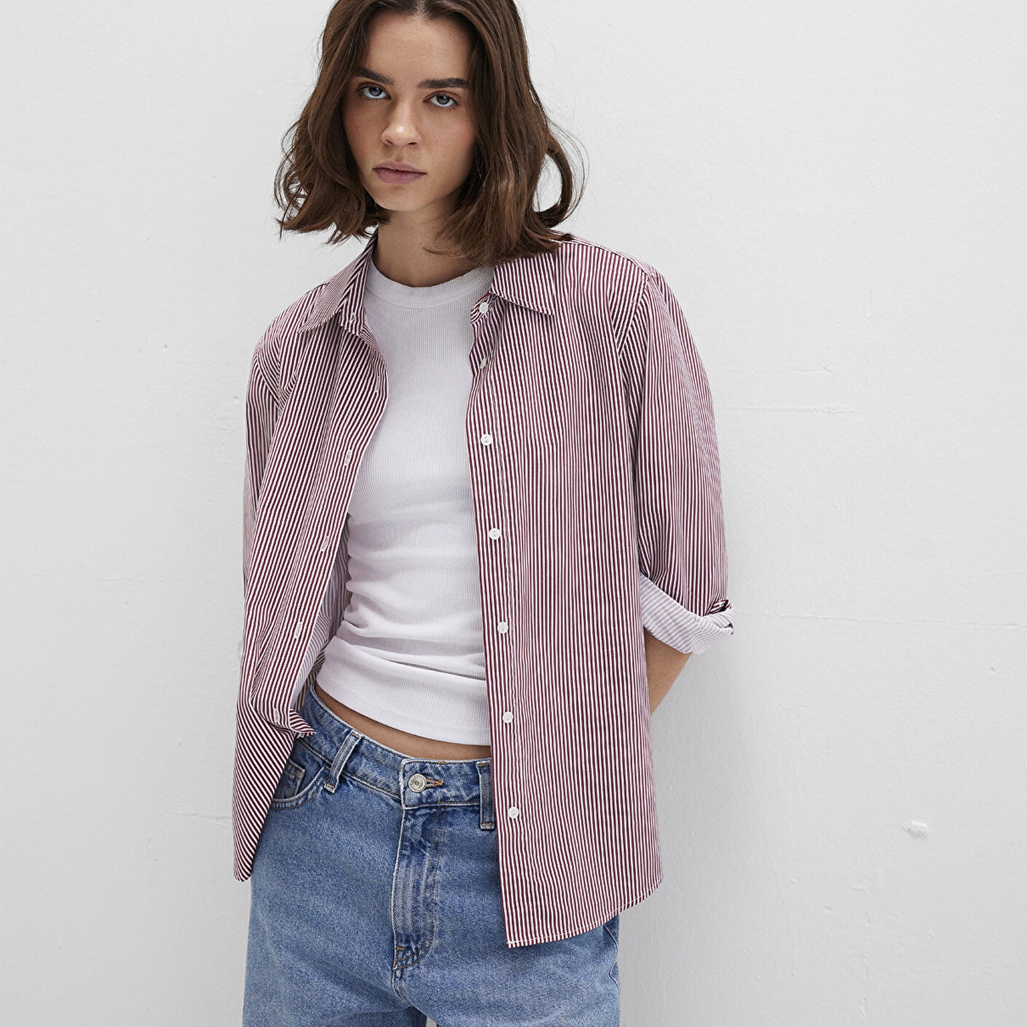 Mavi Çizgili Kırmızı Gömlek Regular Fit / Normal Kesim 1211199-90724