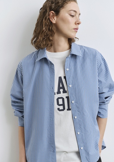  Mavi Kareli Mavi Gömlek Loose Fit / Bol Rahat Kesim 1211203-84598