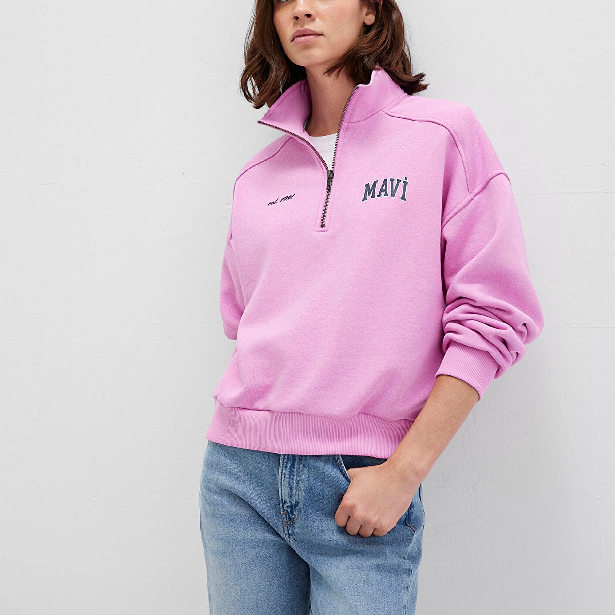 Mavi Mavi Logo Baskılı Yarı Fermuarlı Pembe Sweatshirt 1S10373-71067