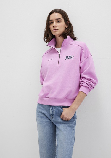  Mavi Mavi Logo Baskılı Yarı Fermuarlı Pembe Sweatshirt 1S10373-71067