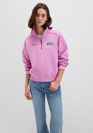  Mavi Mavi Logo Baskılı Yarı Fermuarlı Pembe Sweatshirt 1S10373-71067