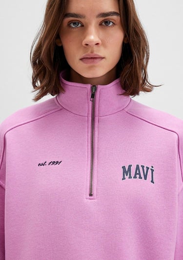  Mavi Mavi Logo Baskılı Yarı Fermuarlı Pembe Sweatshirt 1S10373-71067