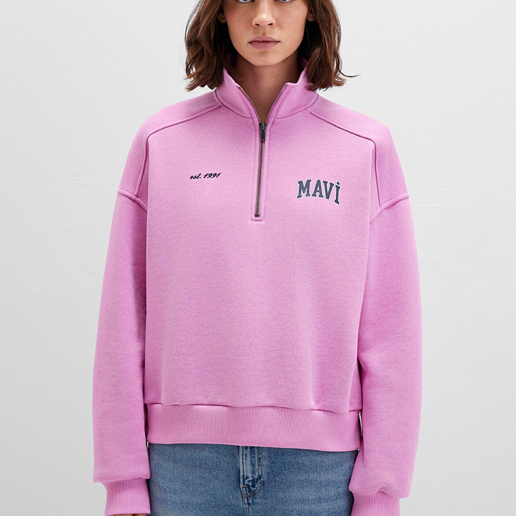 Mavi Mavi Logo Baskılı Yarı Fermuarlı Pembe Sweatshirt 1S10373-71067