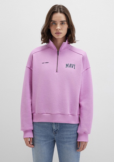  Mavi Mavi Logo Baskılı Yarı Fermuarlı Pembe Sweatshirt 1S10373-71067