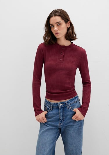  Mavi Düğme Detaylı Bordo Tişört Fitted / Vücuda Oturan Kesim 1613374-70427
