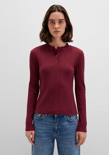  Mavi Düğme Detaylı Bordo Tişört Fitted / Vücuda Oturan Kesim 1613374-70427