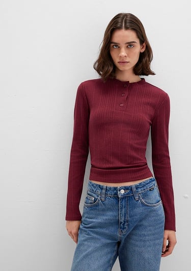  Mavi Düğme Detaylı Bordo Tişört Fitted / Vücuda Oturan Kesim 1613374-70427