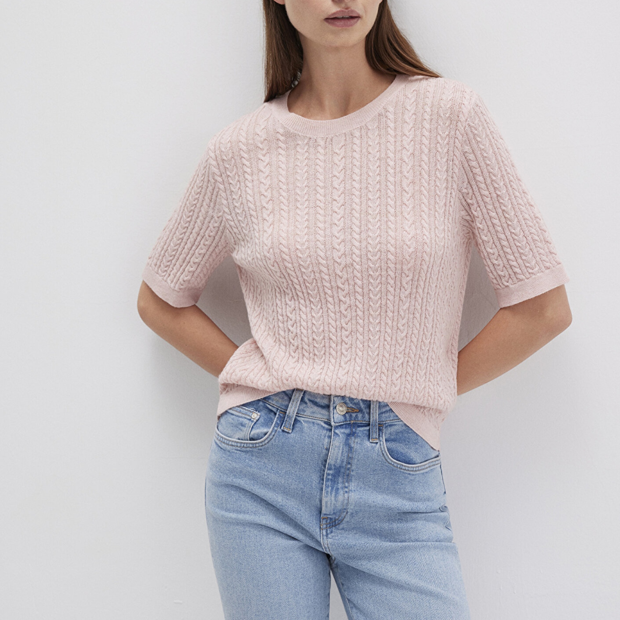 Mavi Kısa Kollu Pembe Kazak Slim Fit / Dar Kesim 1710702-90663