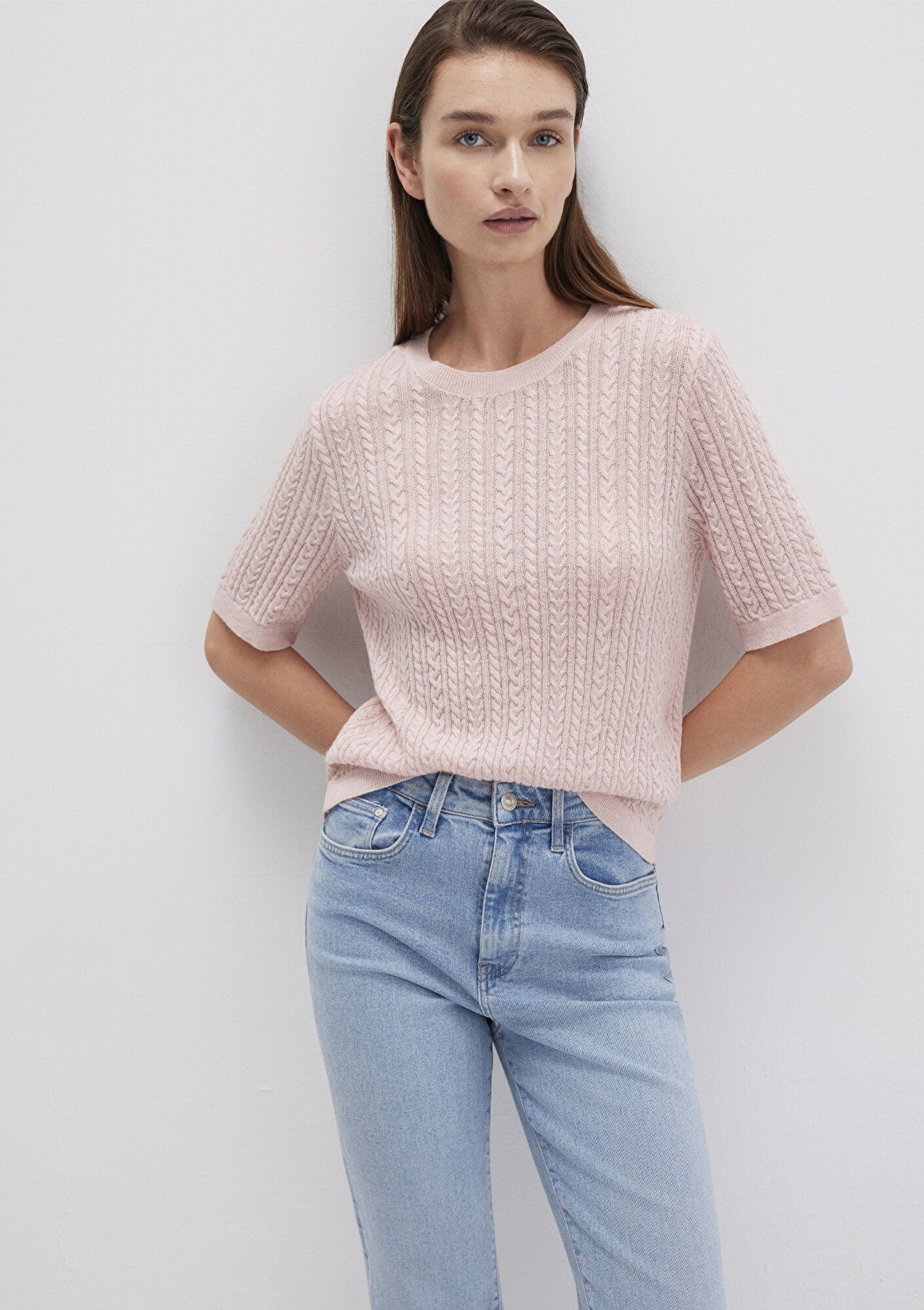  Mavi Kısa Kollu Pembe Kazak Slim Fit / Dar Kesim 1710702-90663