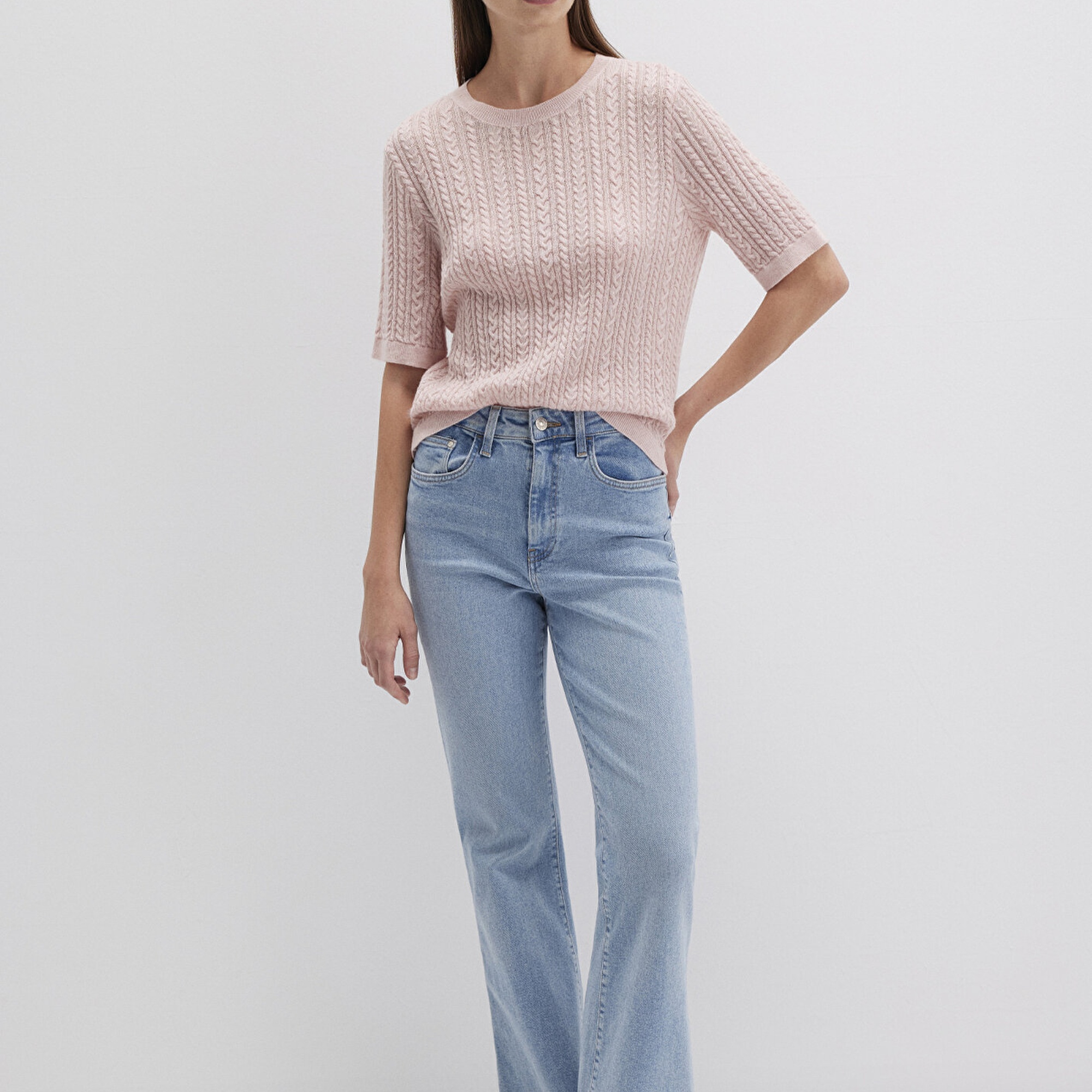 Mavi Kısa Kollu Pembe Kazak Slim Fit / Dar Kesim 1710702-90663