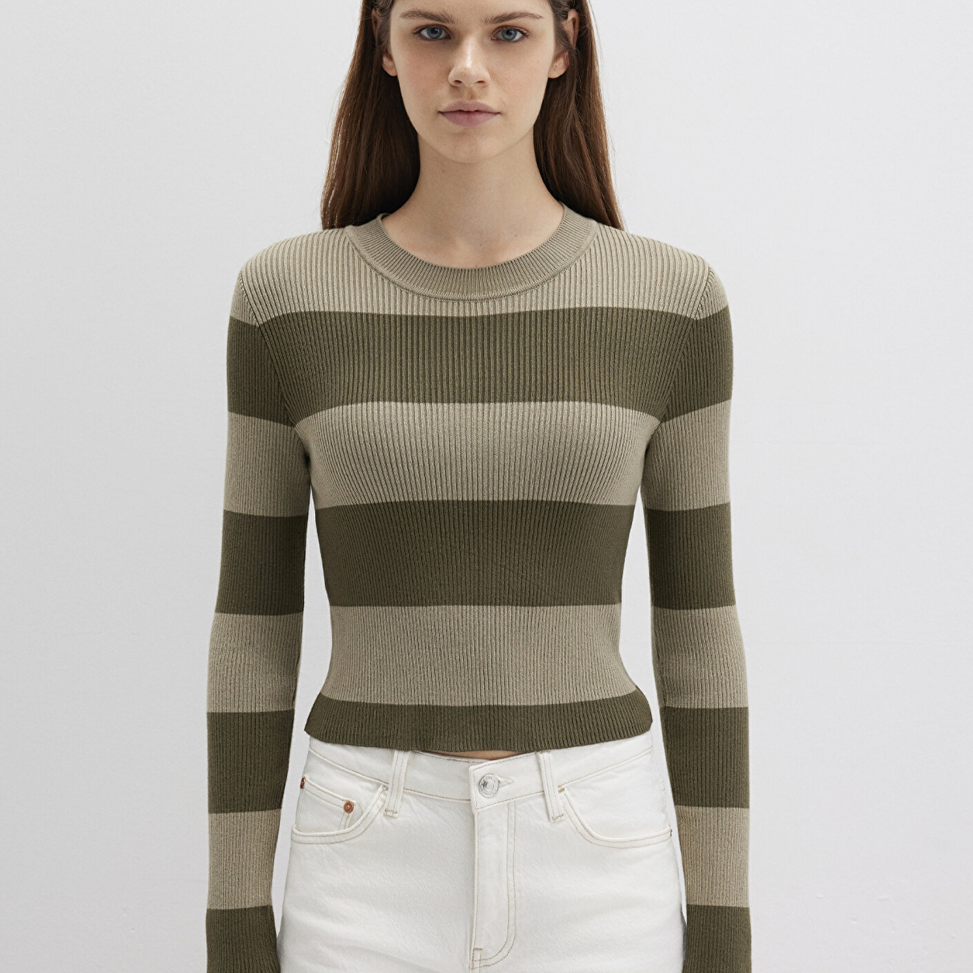 Mavi Blok Renkli Haki Kazak Crop / Kısa Kesim 1710724-90943