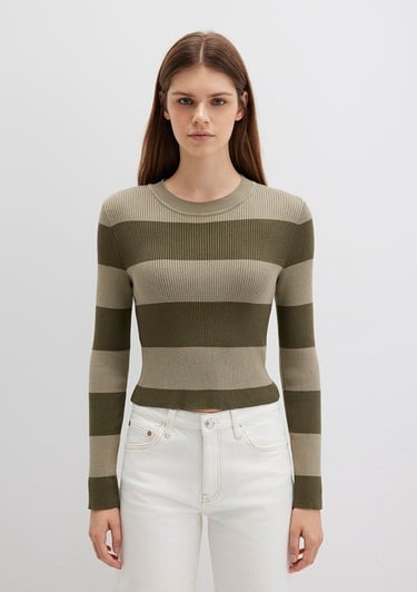  Mavi Blok Renkli Haki Kazak Crop / Kısa Kesim 1710724-90943