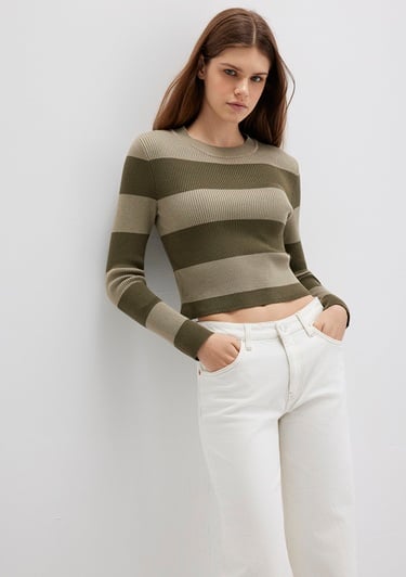  Mavi Blok Renkli Haki Kazak Crop / Kısa Kesim 1710724-90943