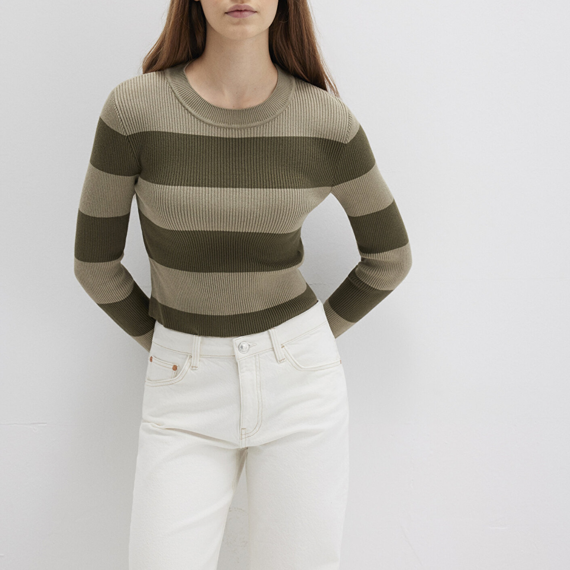 Mavi Blok Renkli Haki Kazak Crop / Kısa Kesim 1710724-90943